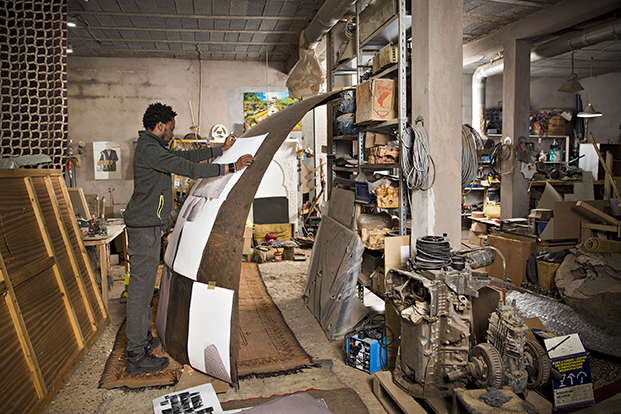 At the Cooperative Moussaouia, an artists' workshop in Marrakesh, protégé Sammy Baloji prepares the dome that he will exhibit at the 2015 Venice Biennale.