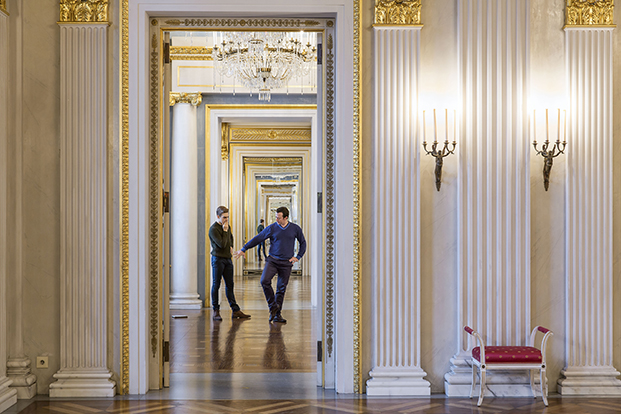 Mentor Alexei Ratmansky (right) and protégé Myles Thatcher in the foyer of Munich's Bavarian State Opera.