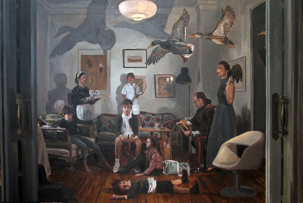 cuadro pintura con patos volando y niño en el suelo barcelona gallery weekend diariodesign