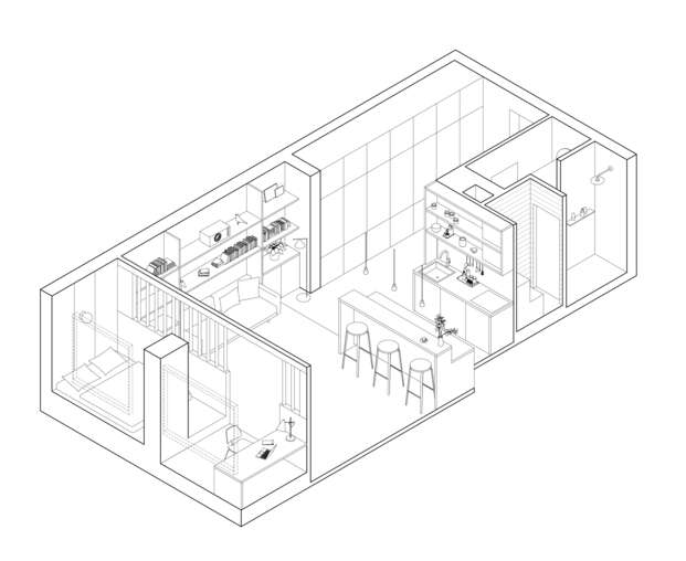 Ideas sencillas para un pequeño piso de 50m2 de diseño contemporáneo. Plano alzado