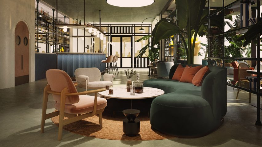 Hotel diseñador por Jaime Hayón Bangkok, sofá verde curvo con cojines naranjas