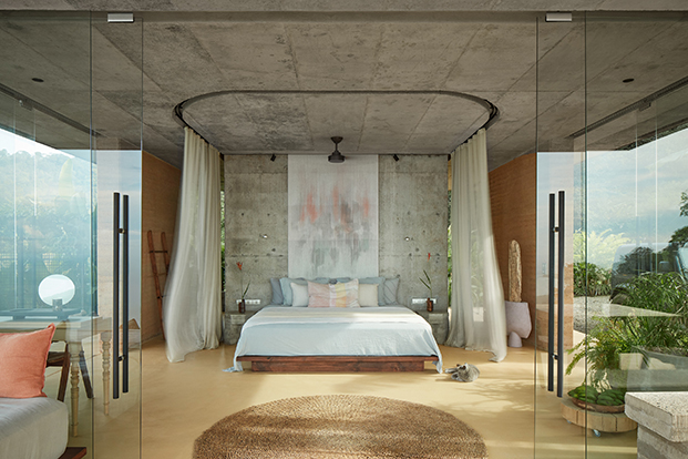 habitación de lujo en villa sostenibles en Costa Rica, cama con mosquitera