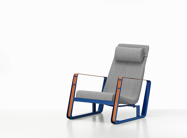 sillón cité de jean prouvé, sillón mid century, sillón con patas azules