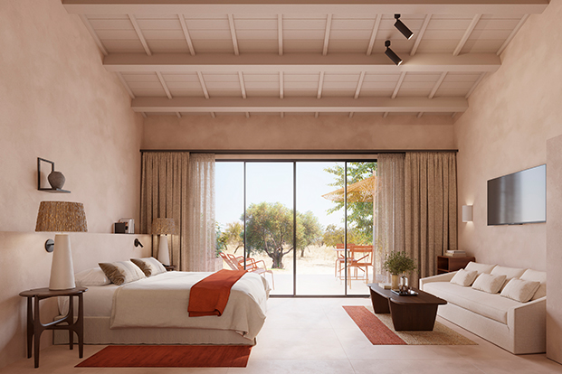 habitación de hotel en Mallorca con vigas de madera y terraza