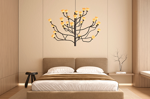 lámpara con forma de árbol, lámpara encima de la cama