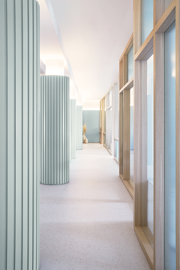 pasillo de oficinas con tabiques redondos con paneles de madera