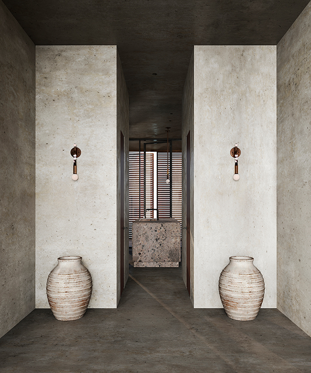 baño con paredes de microcemento y vasijas blancas de terracota