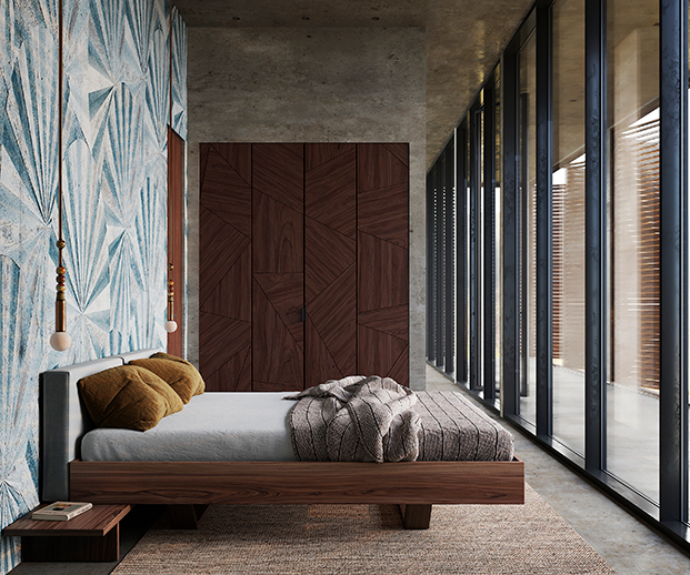 cama de madera y pared con dibujo geométrico azul, paredes acristaladas en dormitorio