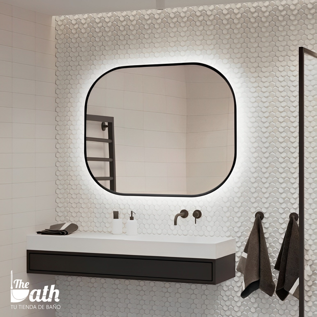 Espejo de baño negro con luz, baño moderno, baño blanco y negro, thebath