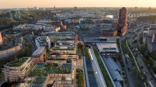 Vista aérea ciudad de madera, Stockholm Wood City